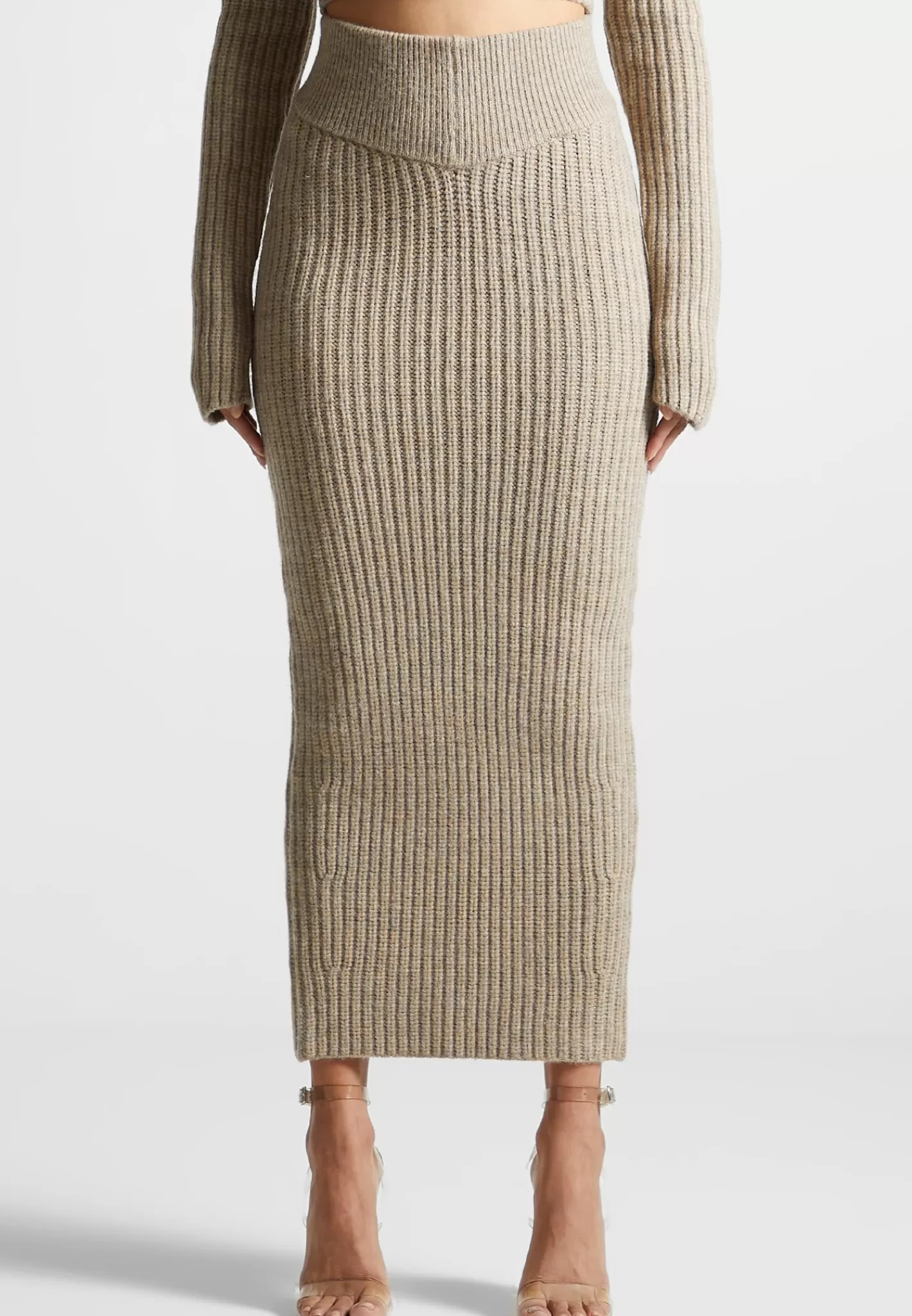 Angled Waist Knit Maxi Skirt - Beige Marl-Manière De Voir Cheap