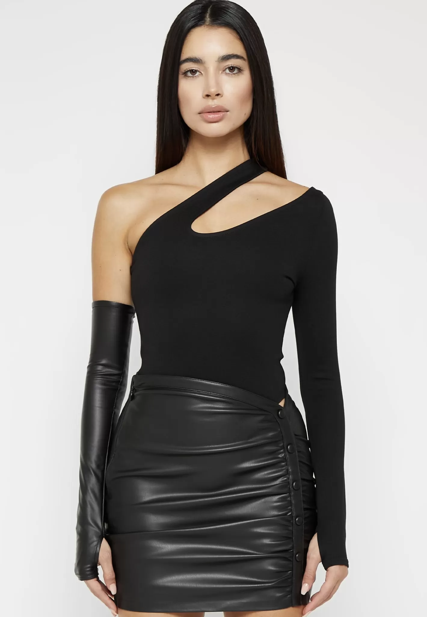 Asymmetric Bodysuit with Vegan Leather Sleeve - -Manière De Voir Discount