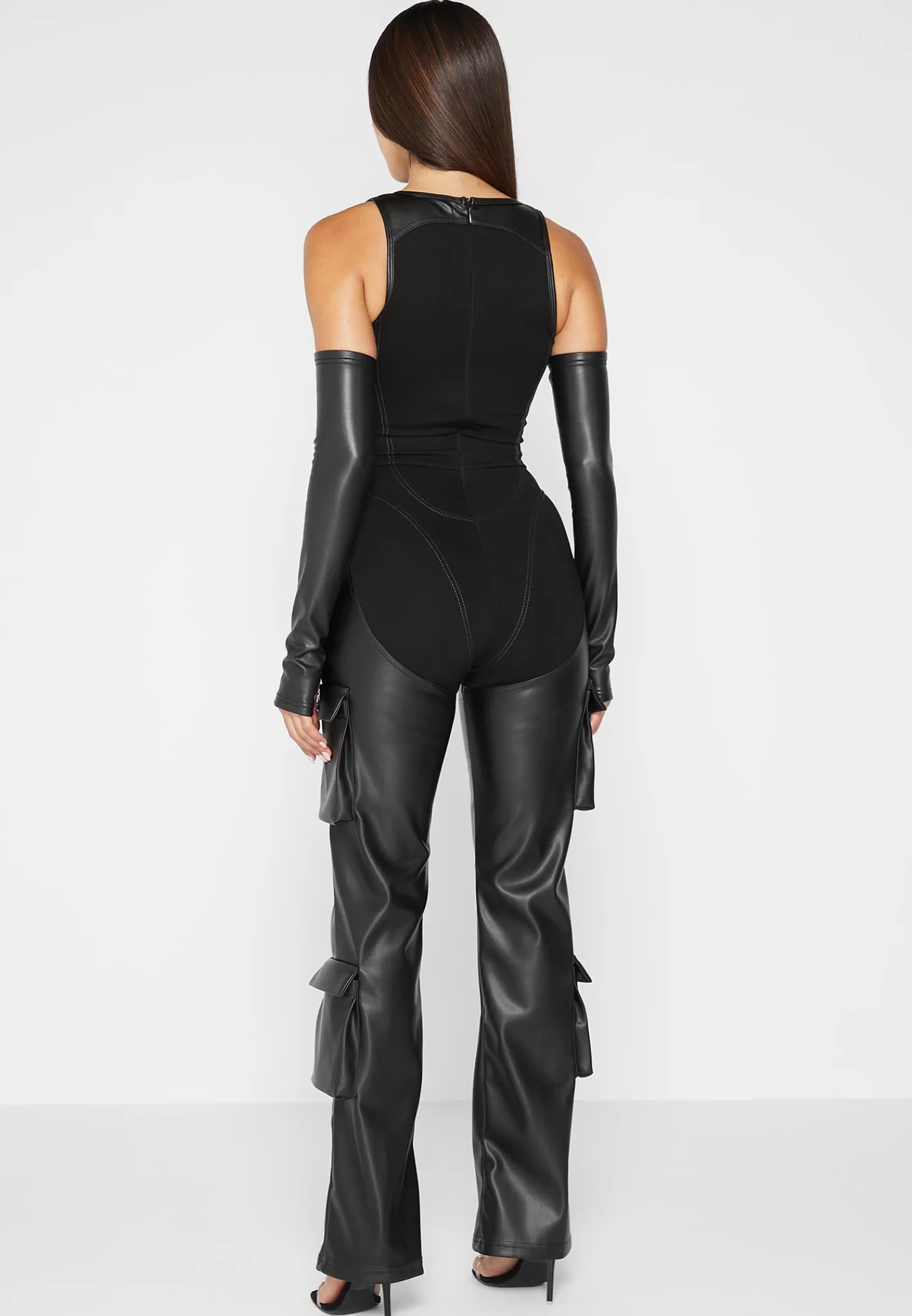 Bandage and Vegan Leather Racer Neck Cargo Pocket Jumpsuit - -Manière De Voir Online