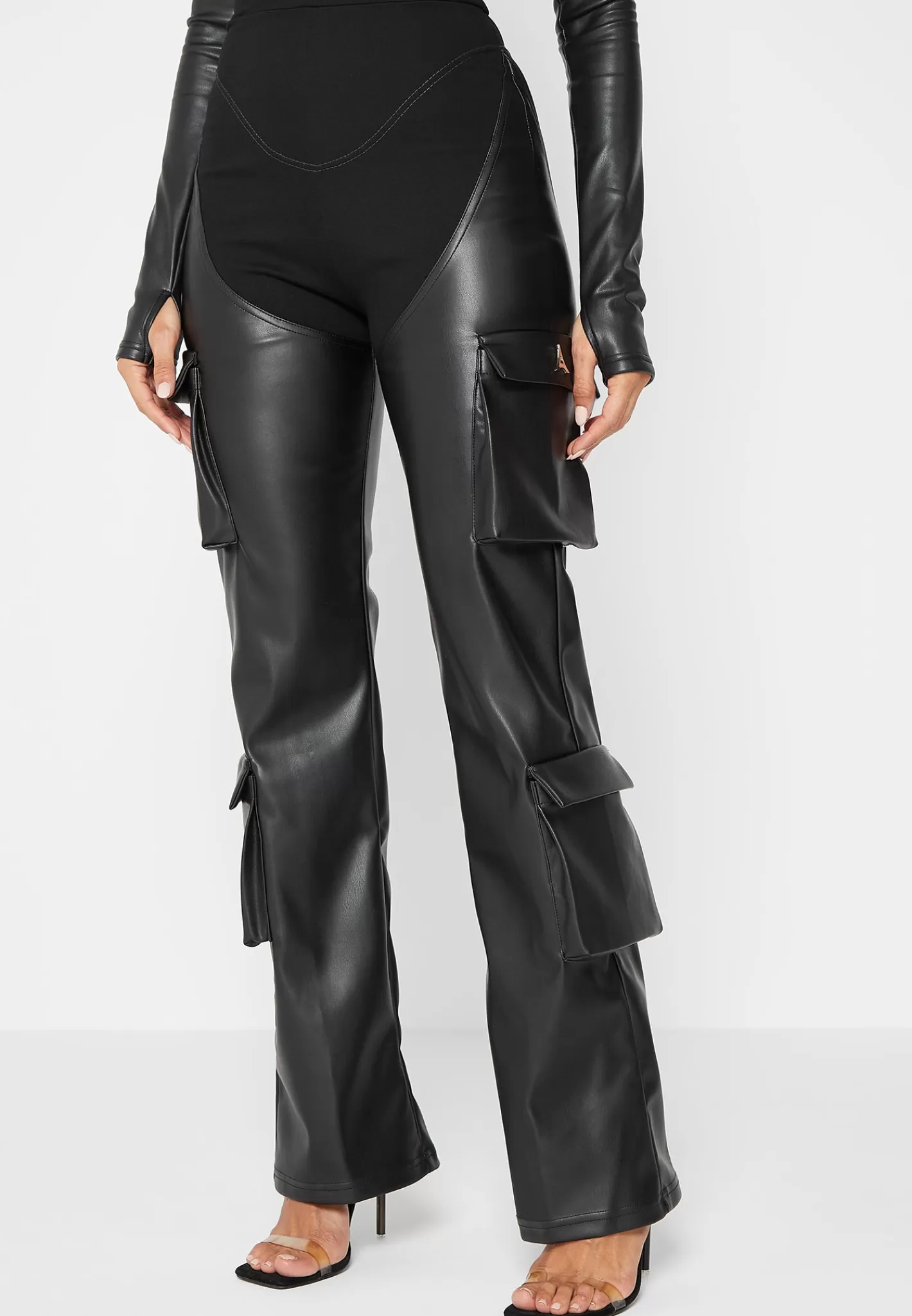 Bandage and Vegan Leather Racer Neck Cargo Pocket Jumpsuit - -Manière De Voir Online