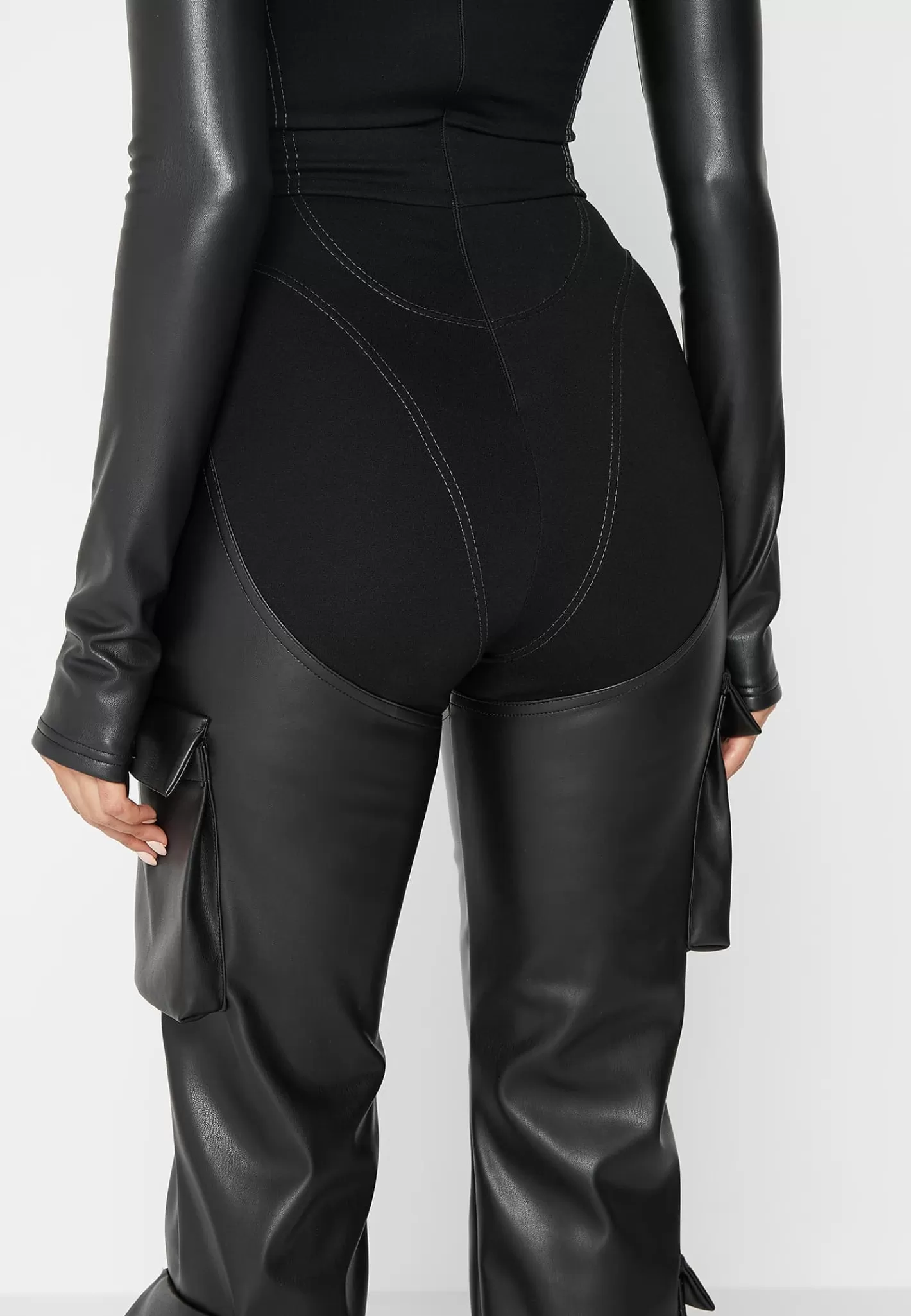 Bandage and Vegan Leather Racer Neck Cargo Pocket Jumpsuit - -Manière De Voir Online