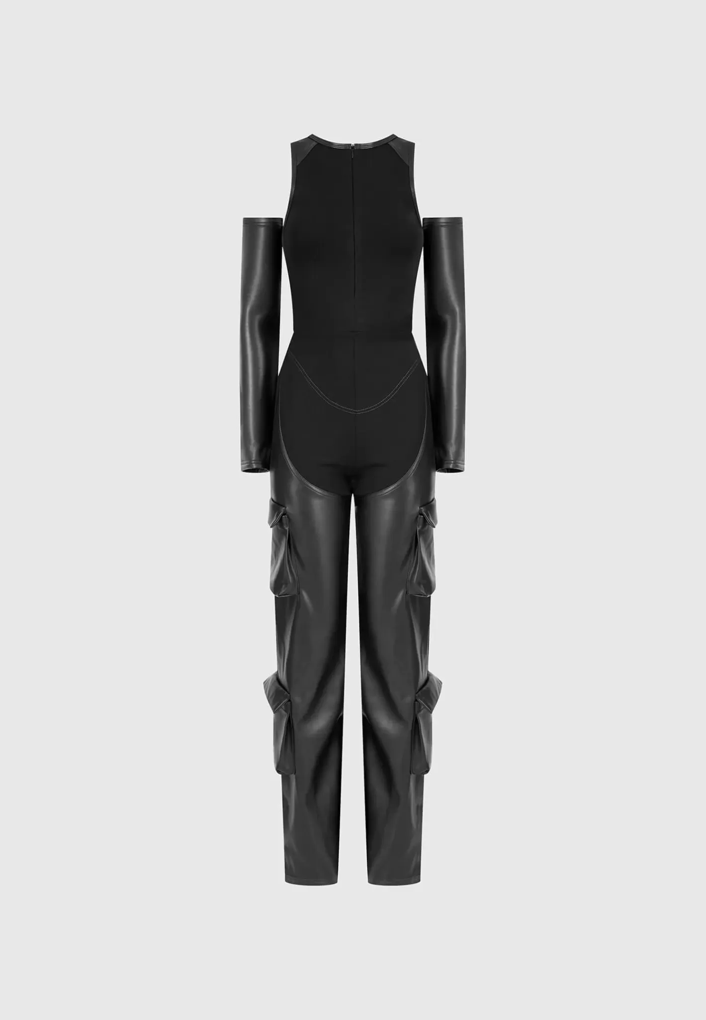 Bandage and Vegan Leather Racer Neck Cargo Pocket Jumpsuit - -Manière De Voir Online