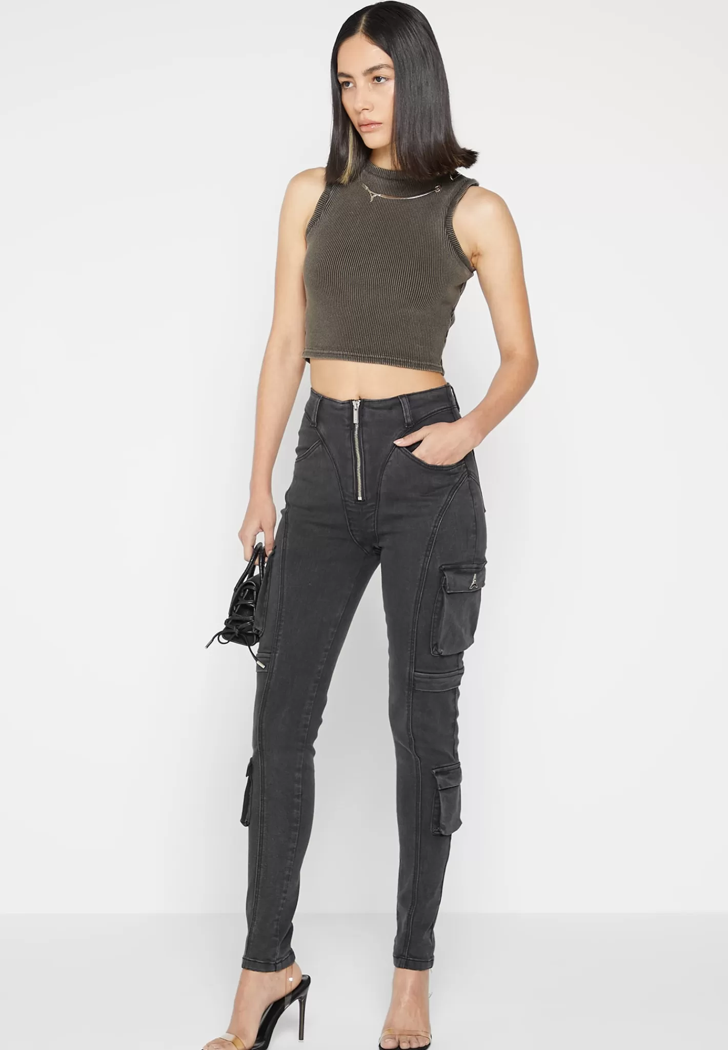 Cargo Pocket Skinny Jeans - Washed Black-Manière De Voir Fashion