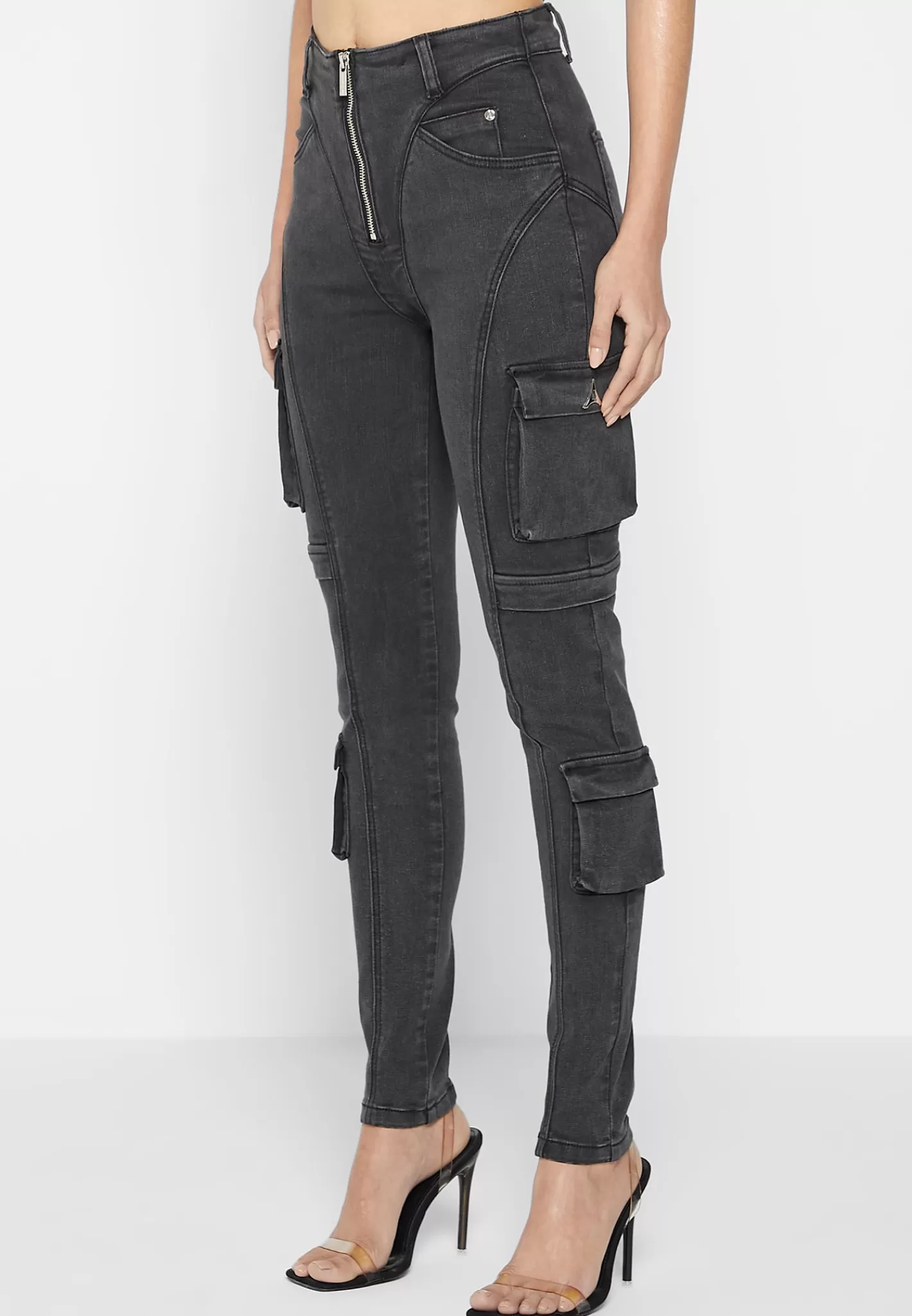 Cargo Pocket Skinny Jeans - Washed Black-Manière De Voir Fashion