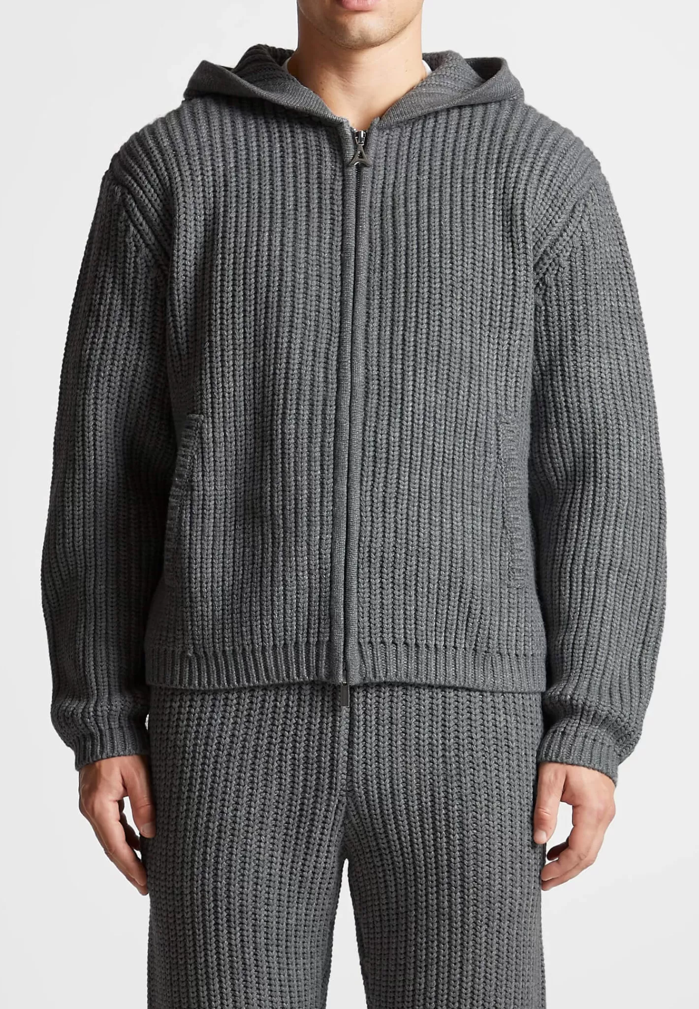 Chunky Knit Zip Through Hoodie - Charcoal Grey-Manière De Voir Outlet