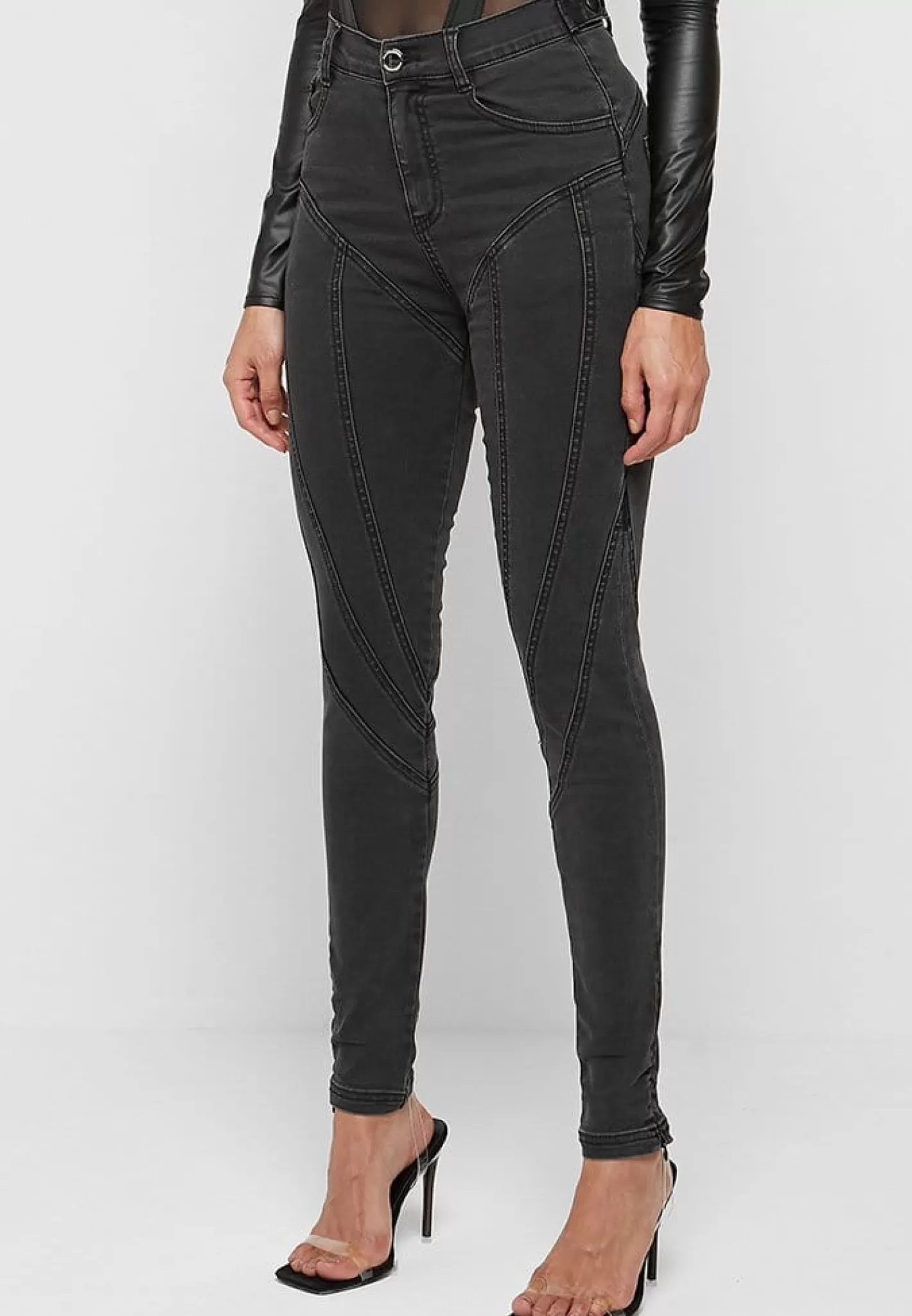 Contour Seam Detail Skinny Jeans - Washed Black-Manière De Voir Flash Sale