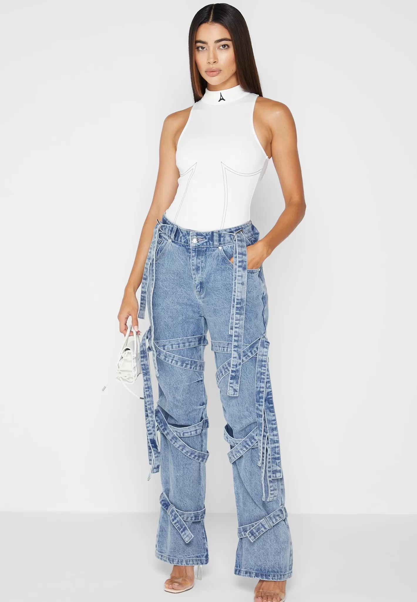 Denim Strap Cargo Jeans - Mid Blue-Manière De Voir Fashion