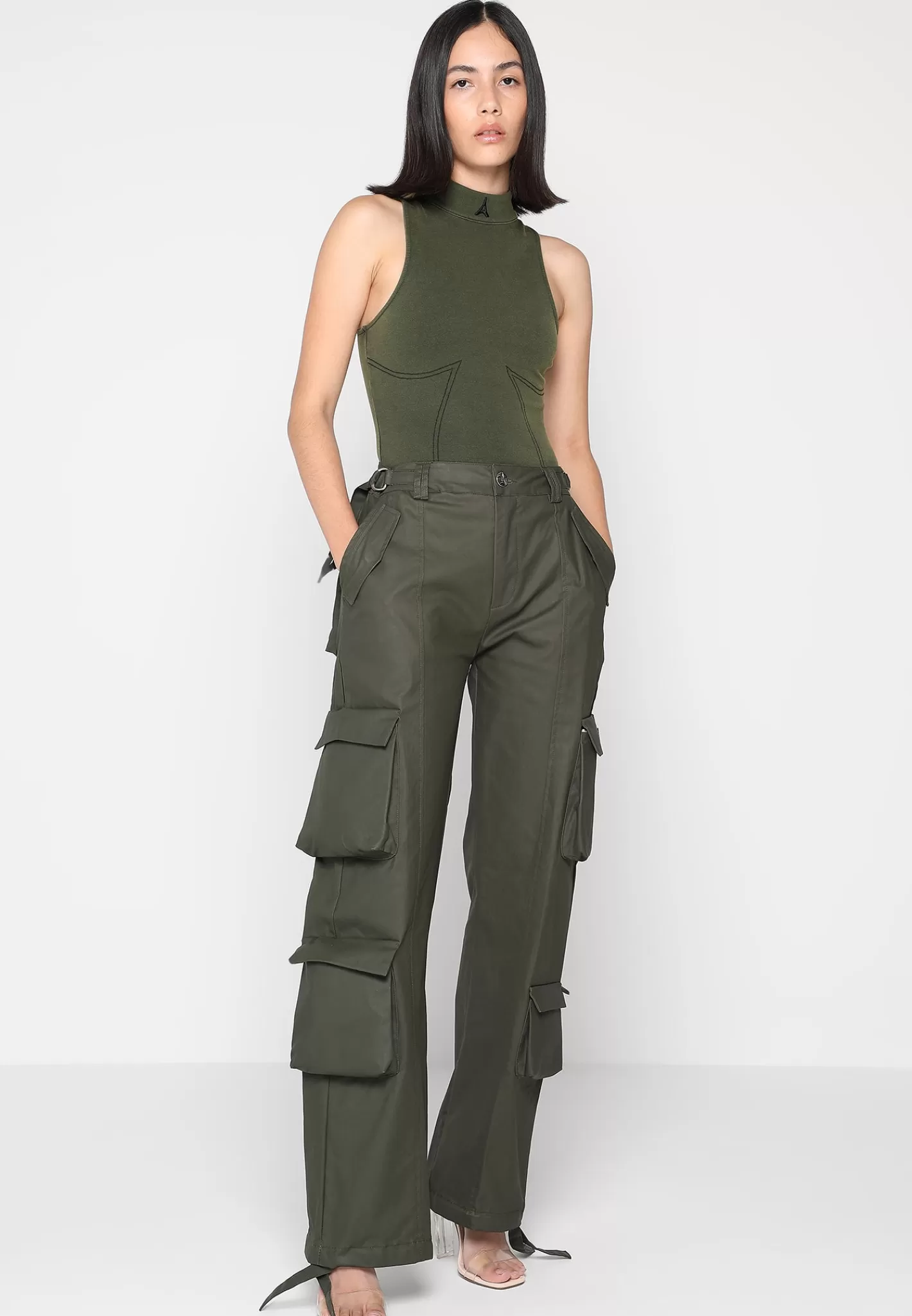 High Neck Racer Bodysuit - Washed Khaki-Manière De Voir Store