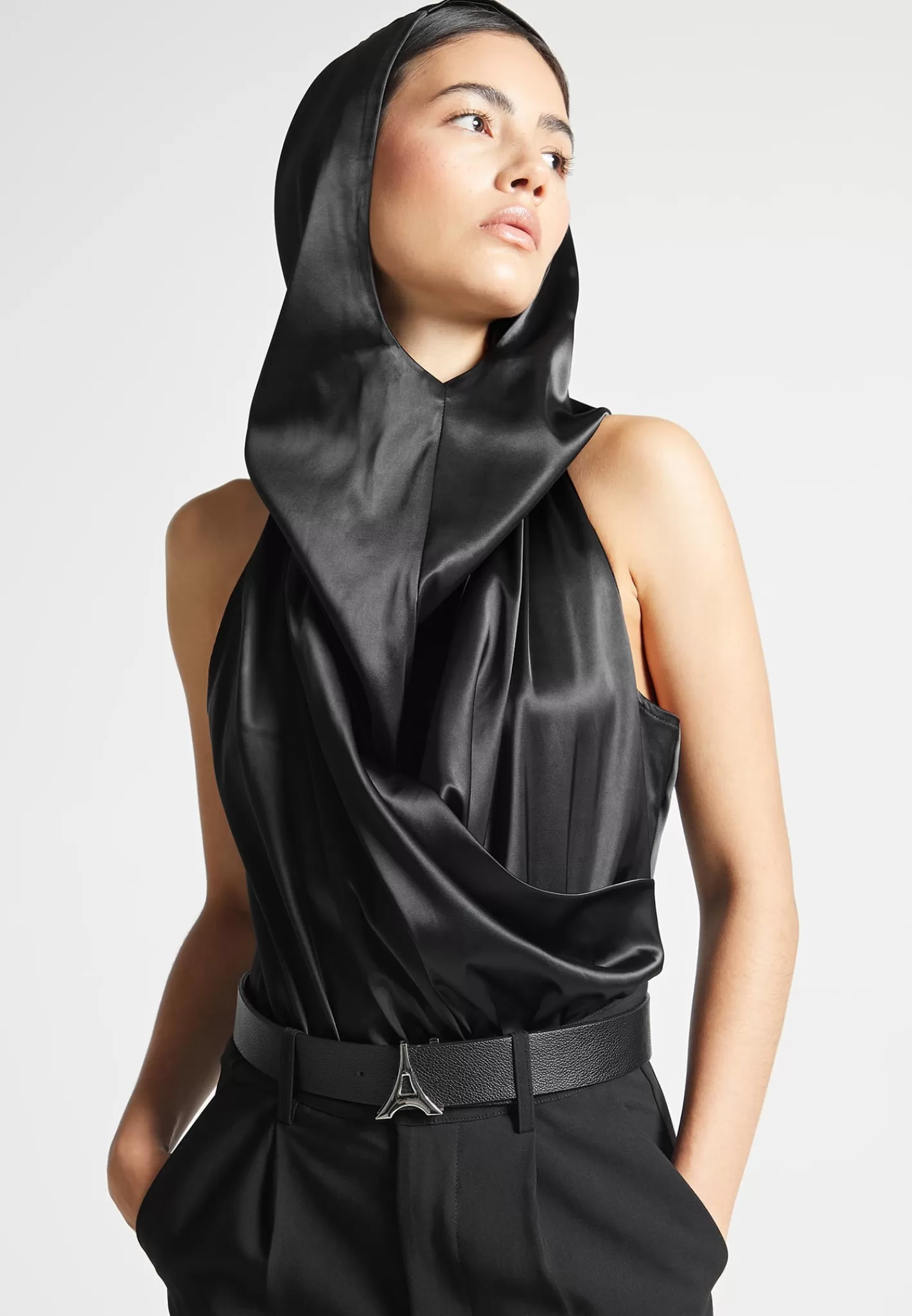 Hooded Cowl Neck Satin Wrap Bodysuit - -Manière De Voir Hot