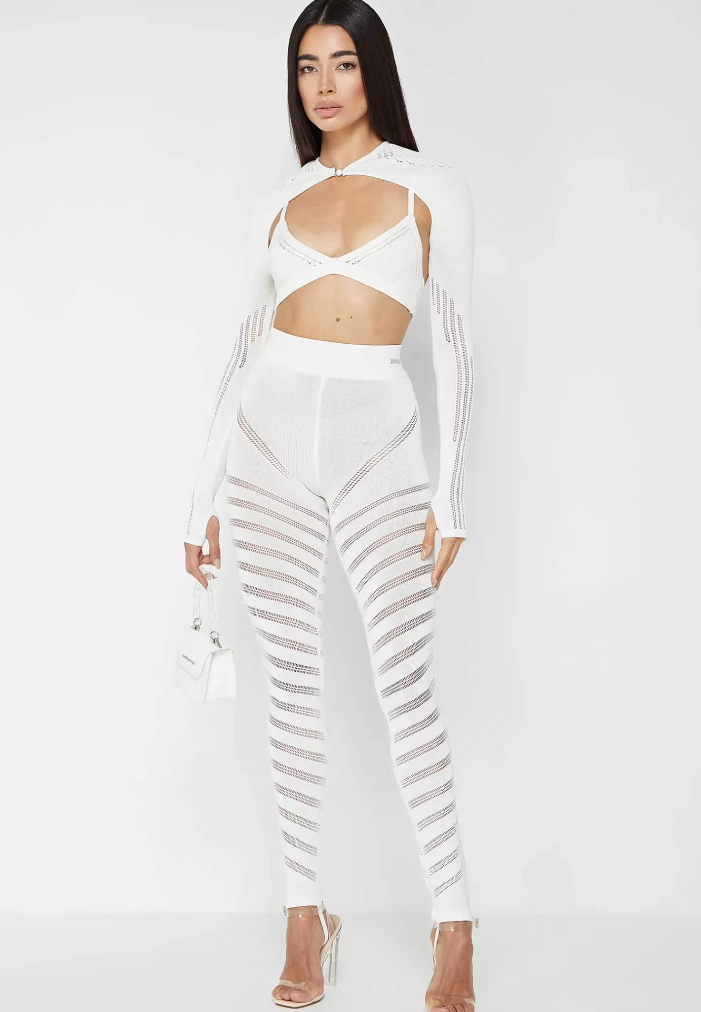 Knitted Sleeve Overlay with Bralette - White-Manière De Voir Online