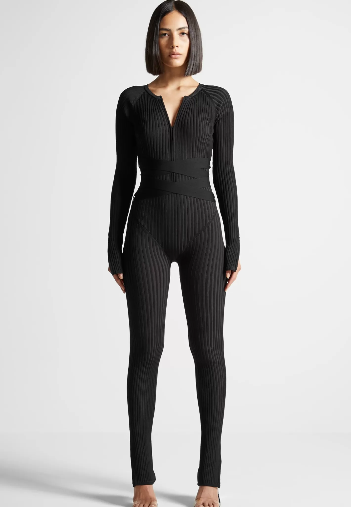 Knitted Two Tone Jumpsuit with Belt - -Manière De Voir Clearance