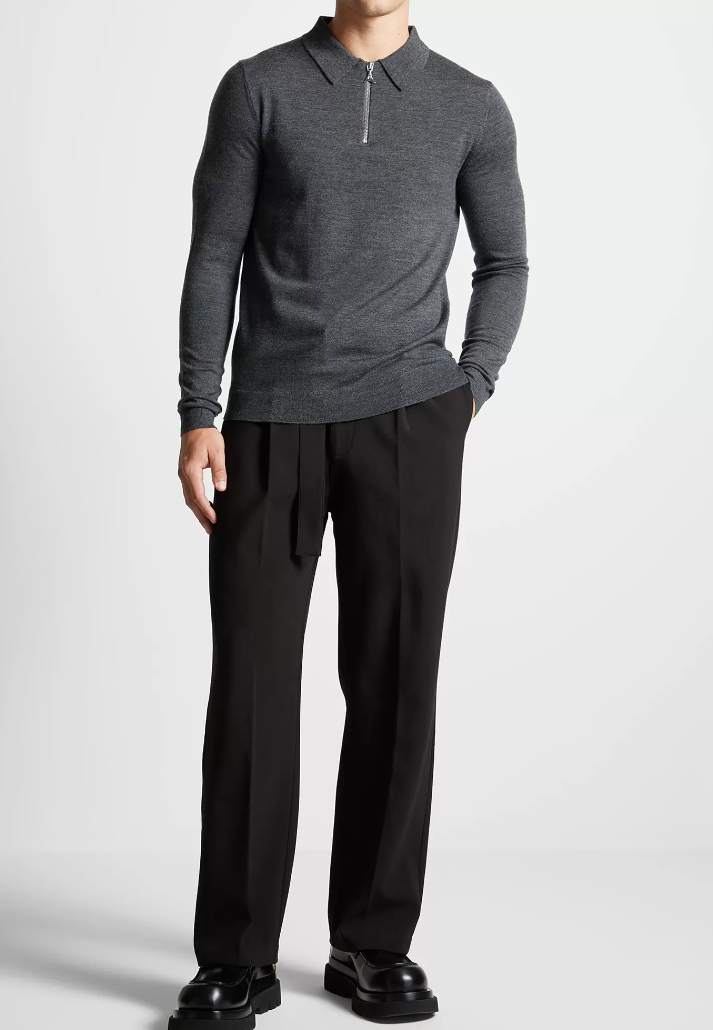 Merino Wool Long Sleeve Polo Top With Zip - Marl Grey-Manière De Voir Cheap