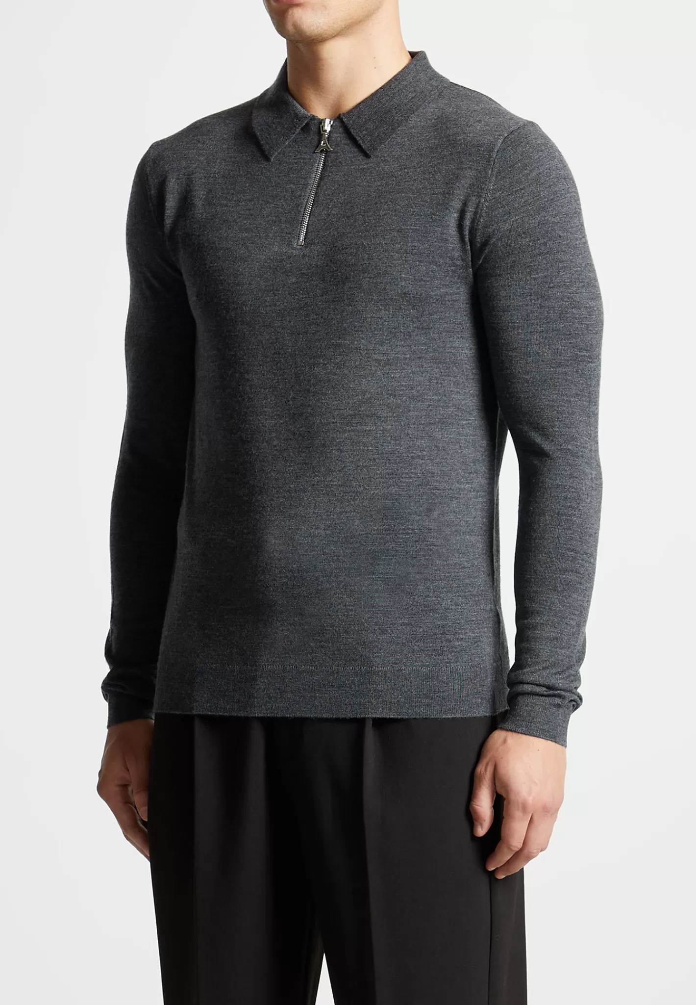 Merino Wool Long Sleeve Polo Top With Zip - Marl Grey-Manière De Voir Cheap