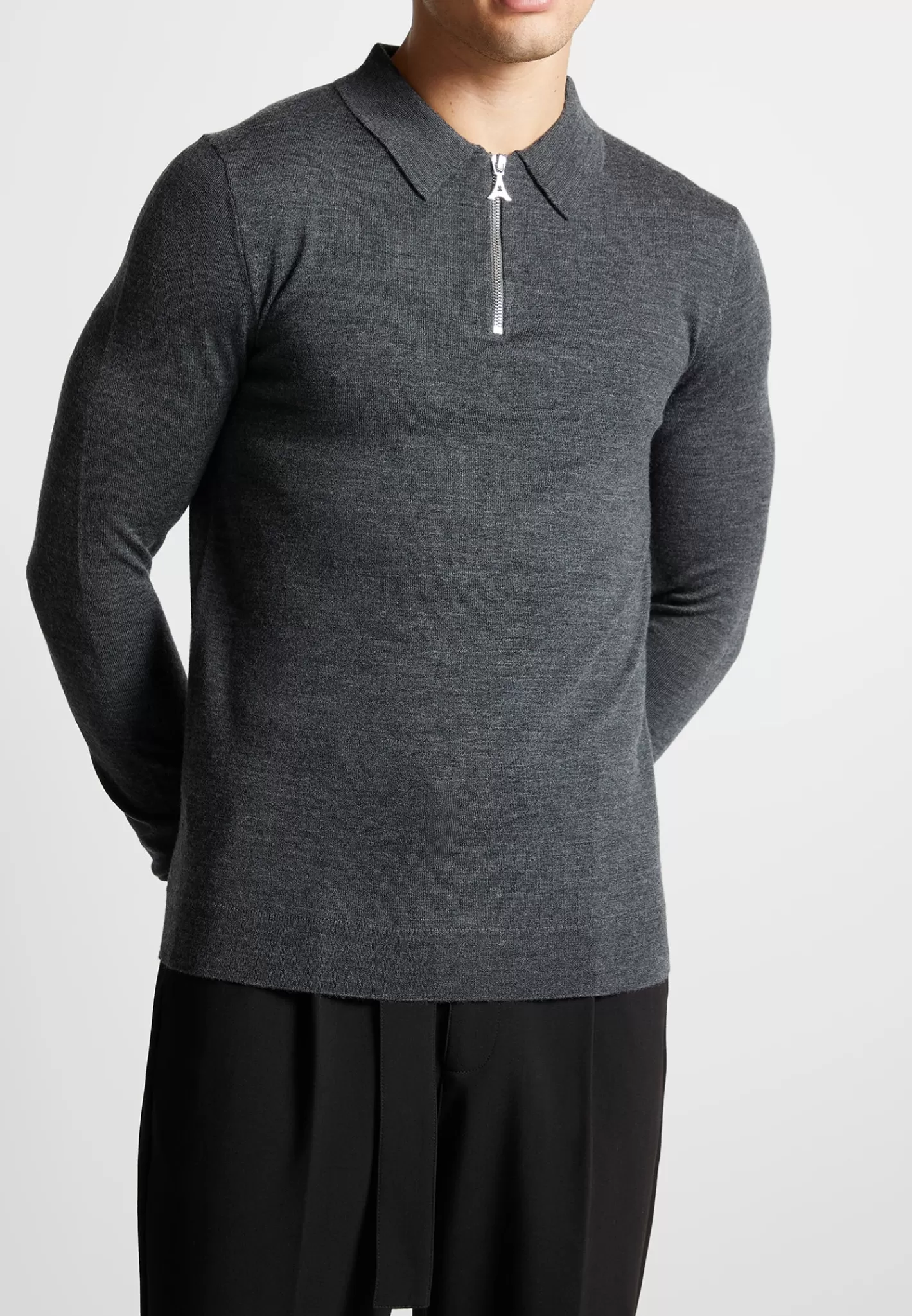 Merino Wool Long Sleeve Polo Top With Zip - Marl Grey-Manière De Voir Cheap