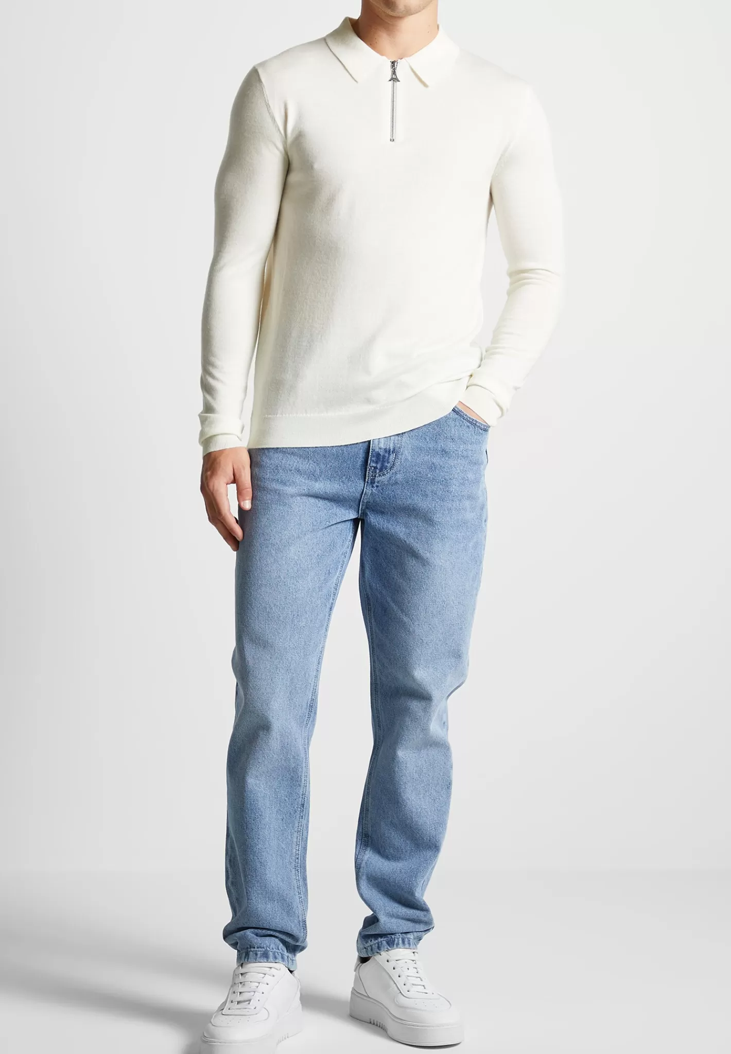 Merino Wool Long Sleeve Polo Top With Zip - Off White-Manière De Voir Fashion