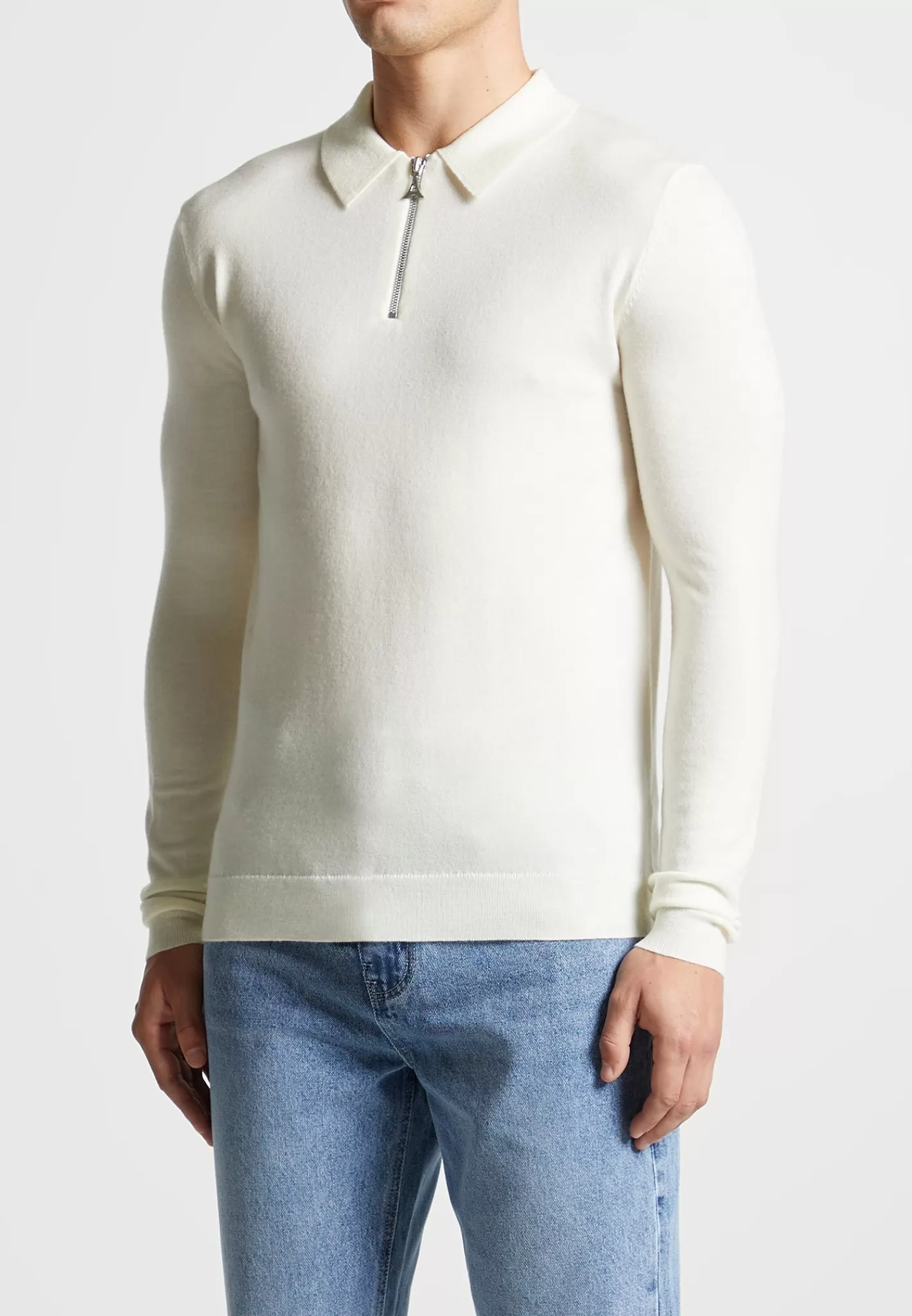 Merino Wool Long Sleeve Polo Top With Zip - Off White-Manière De Voir Fashion