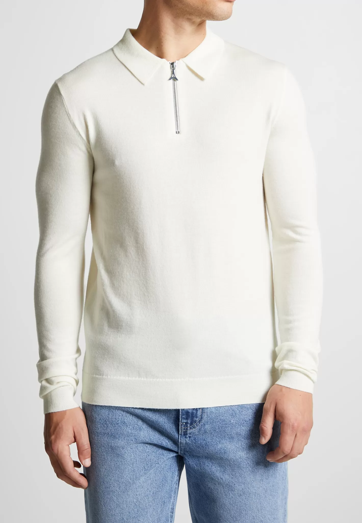 Merino Wool Long Sleeve Polo Top With Zip - Off White-Manière De Voir Fashion