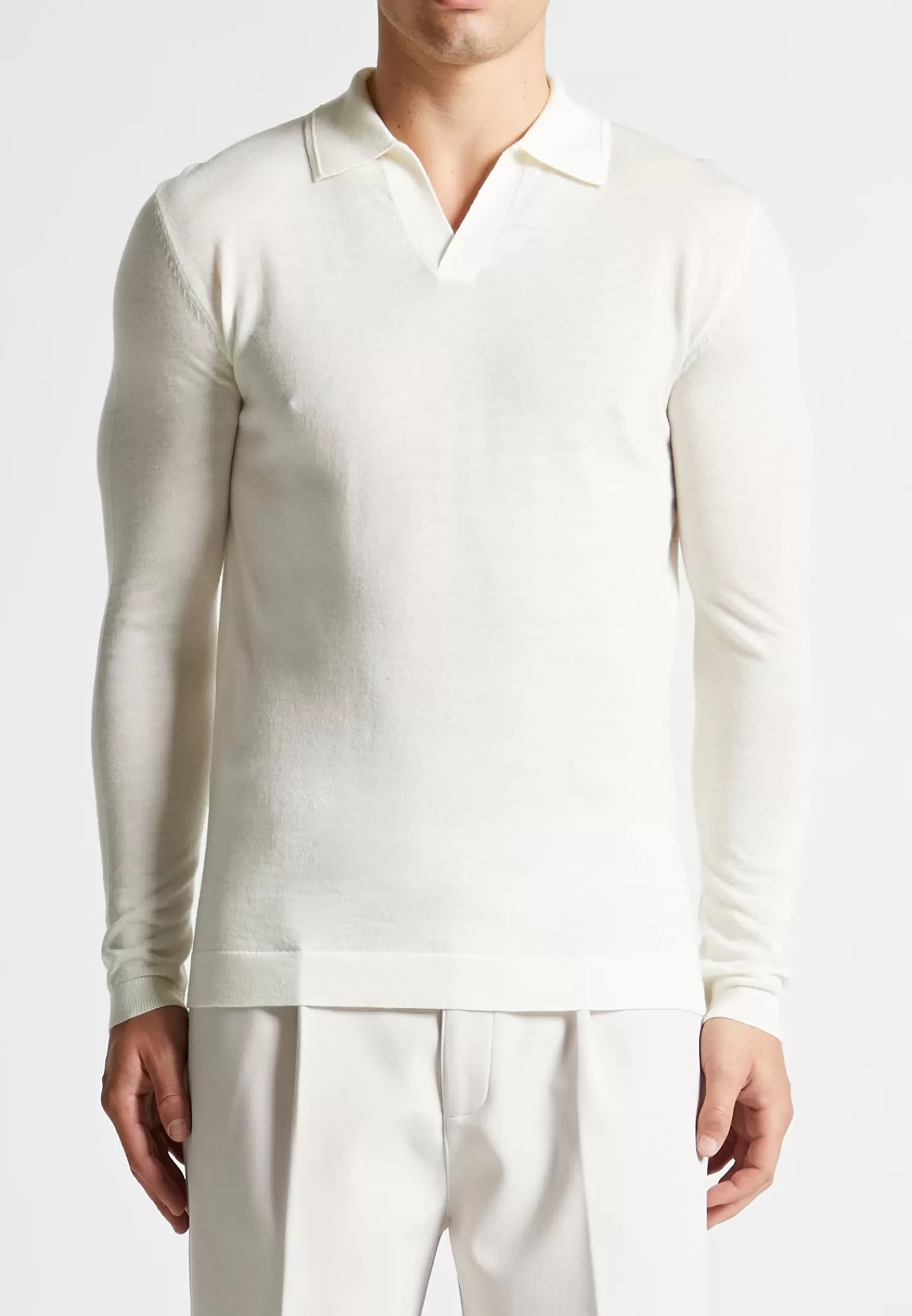 Merino Wool Long Sleeve Revere Polo Shirt - Off White-Manière De Voir New
