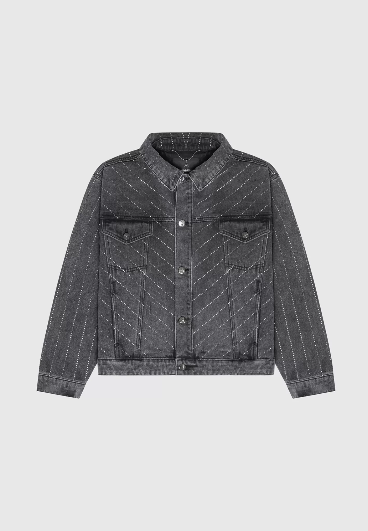 Oversized Rhinestone Denim Jacket - Washed Grey-Manière De Voir Shop