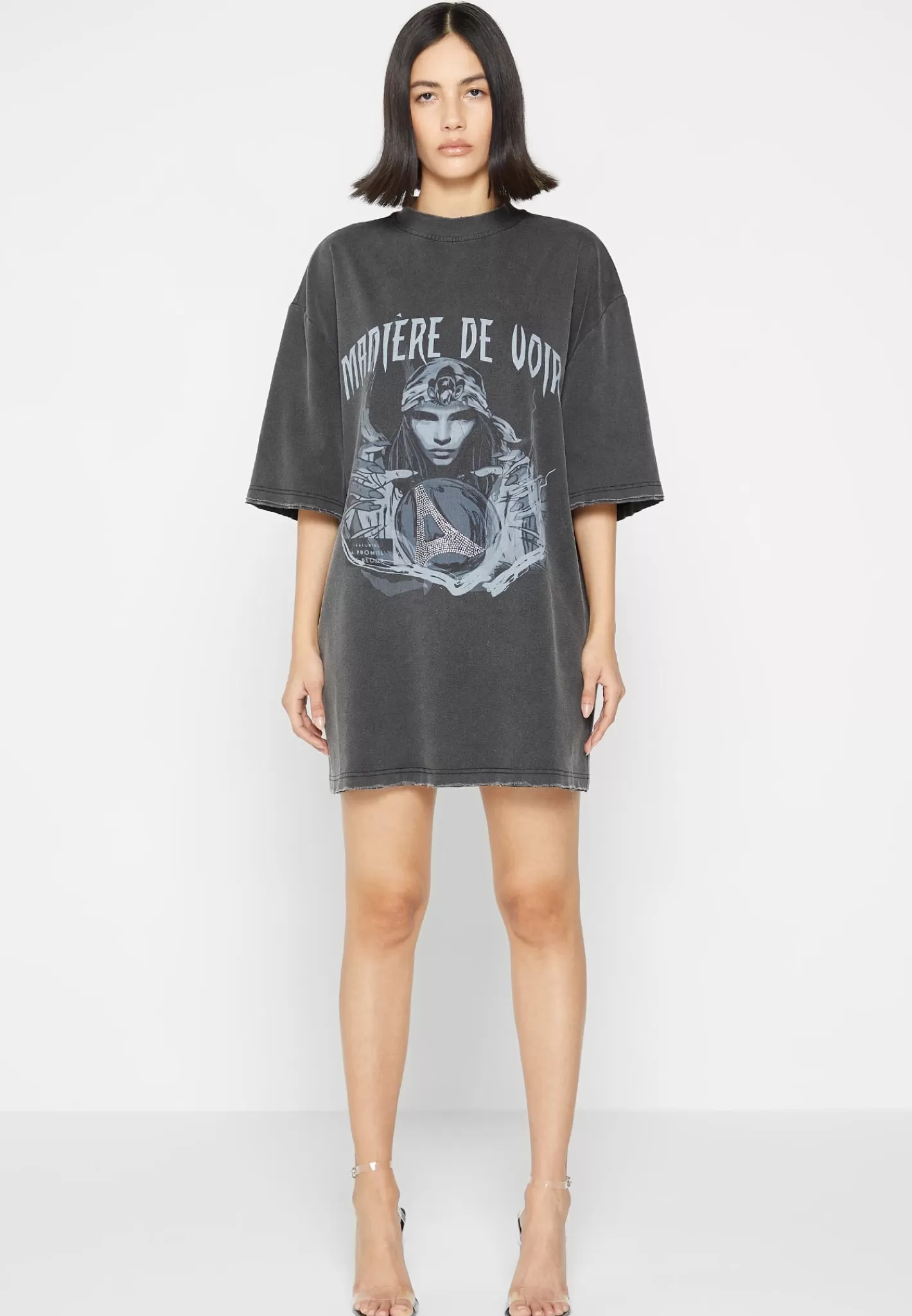 Oversized Rhinestone T-Shirt Dress - Washed Black-Manière De Voir Discount