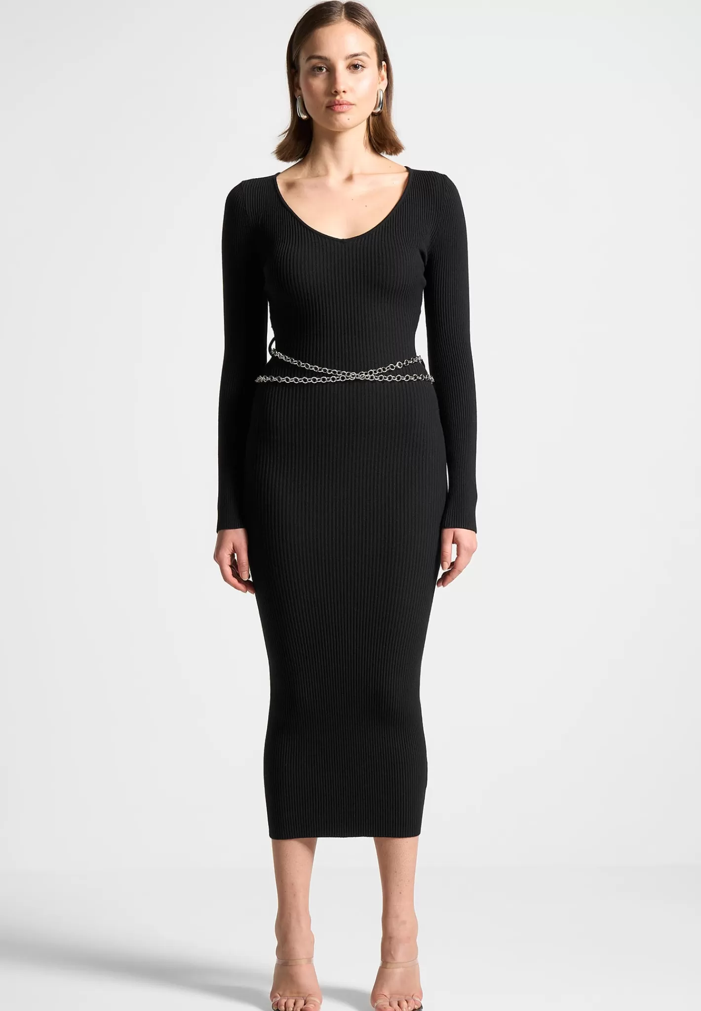 Ribbed Knit Midaxi Dress with Chain Belt - -Manière De Voir Fashion