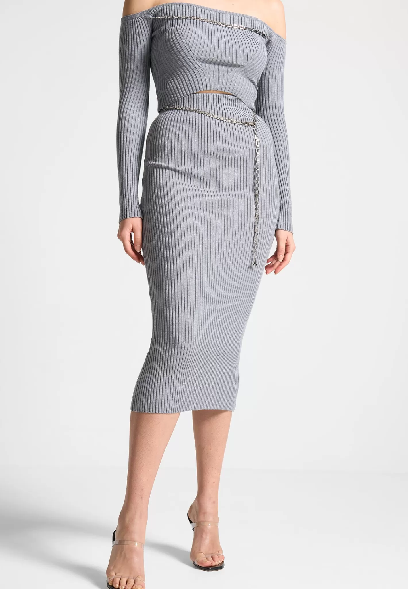 Ribbed Knit Midaxi Skirt with Chain Belt - -Manière De Voir Best