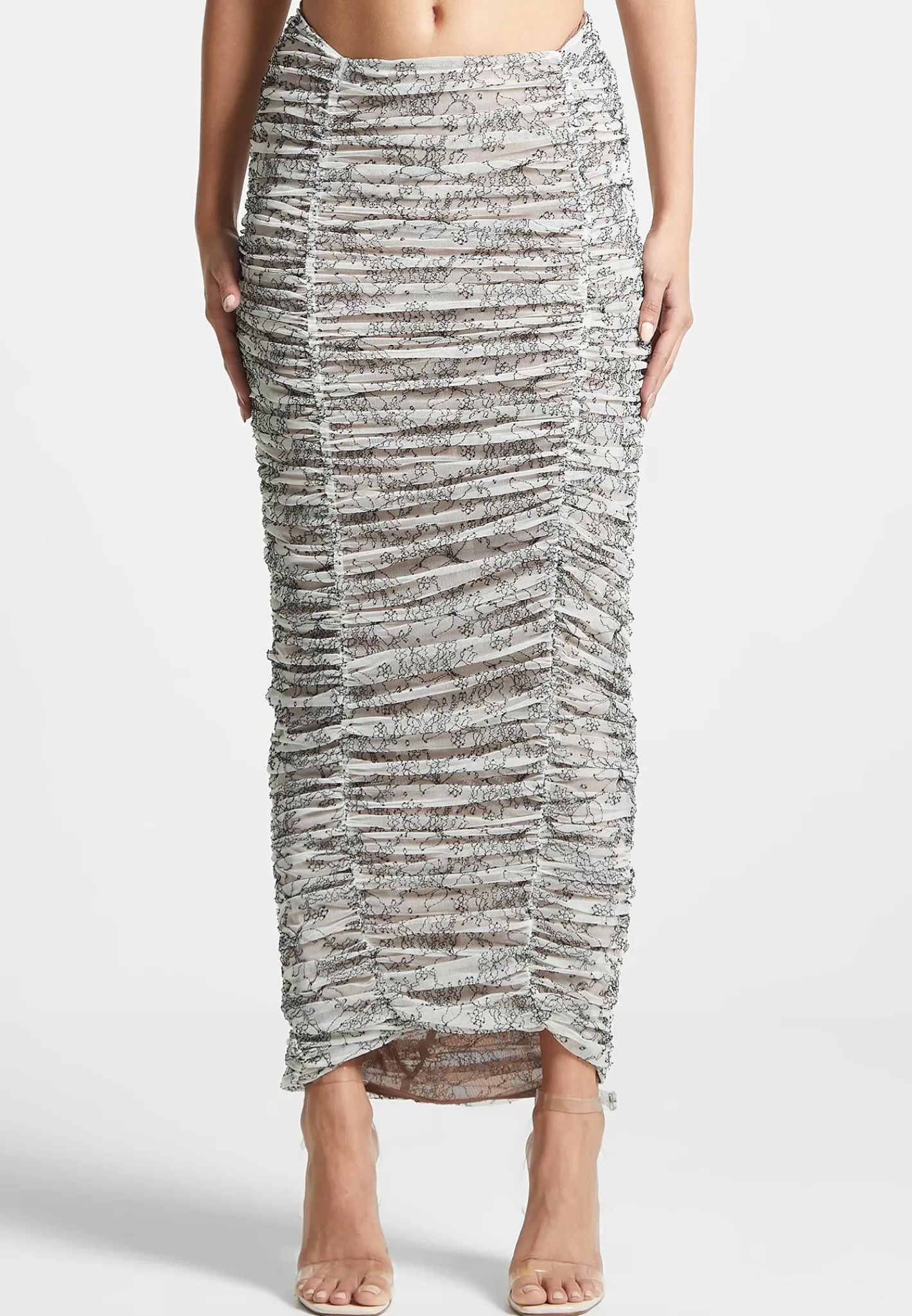Ruched Lace Asymmetric Midaxi Skirt - Off White-Manière De Voir Outlet