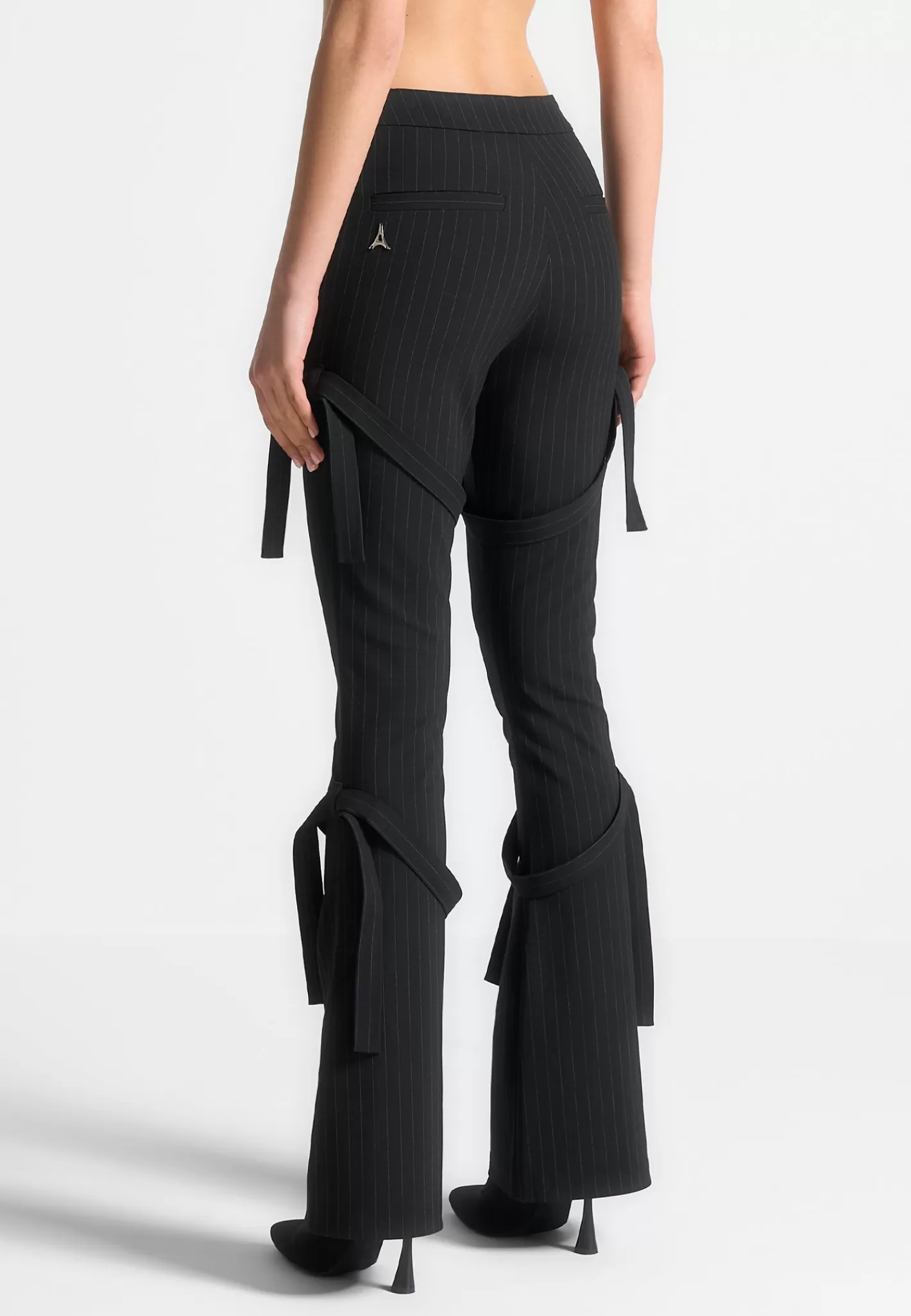 Strap Detail Pinstripe Fit and Flare Leggings - -Manière De Voir Fashion