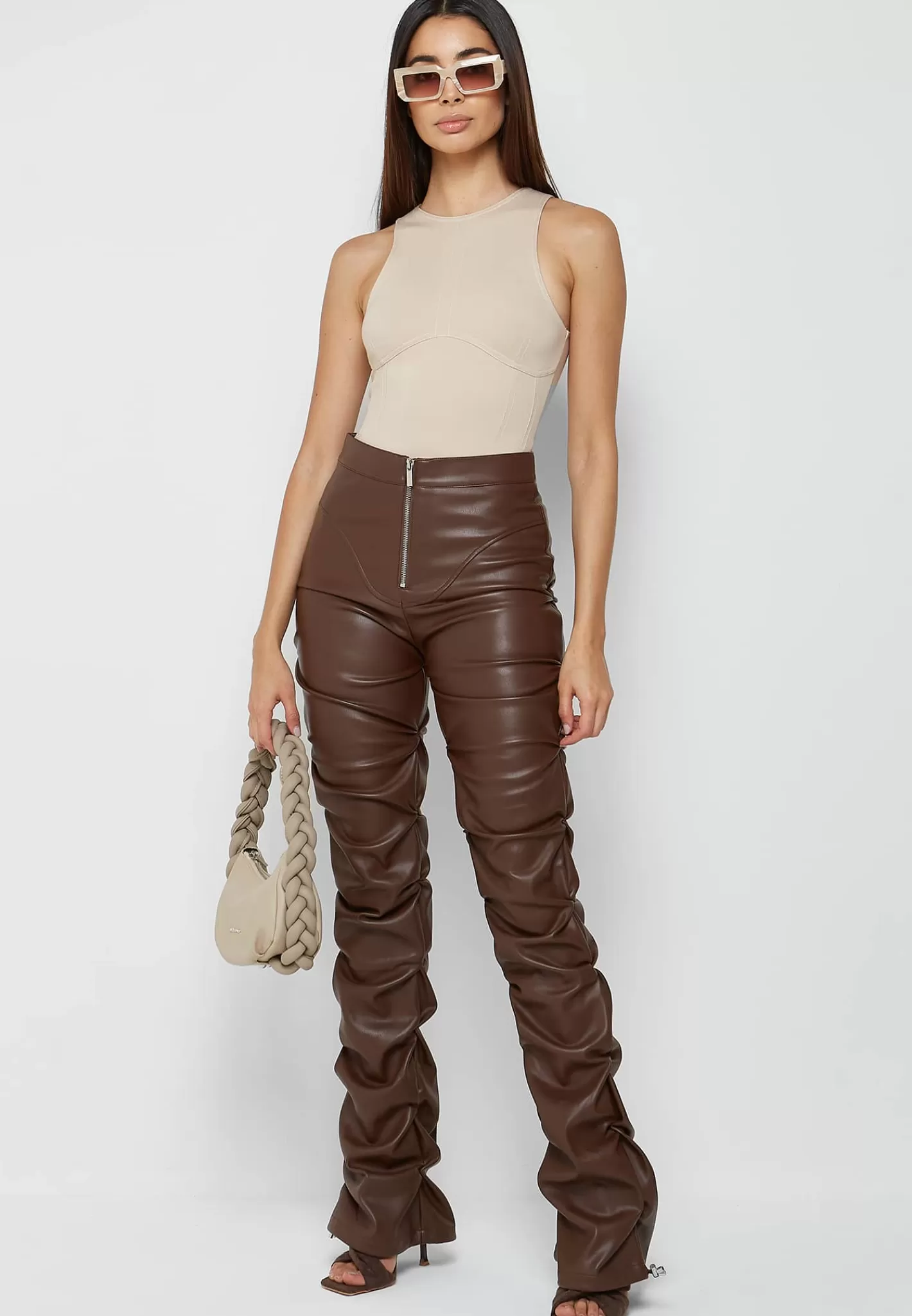 Tacked Vegan Leather Flared Trousers - Chocolate Brown-Manière De Voir Cheap