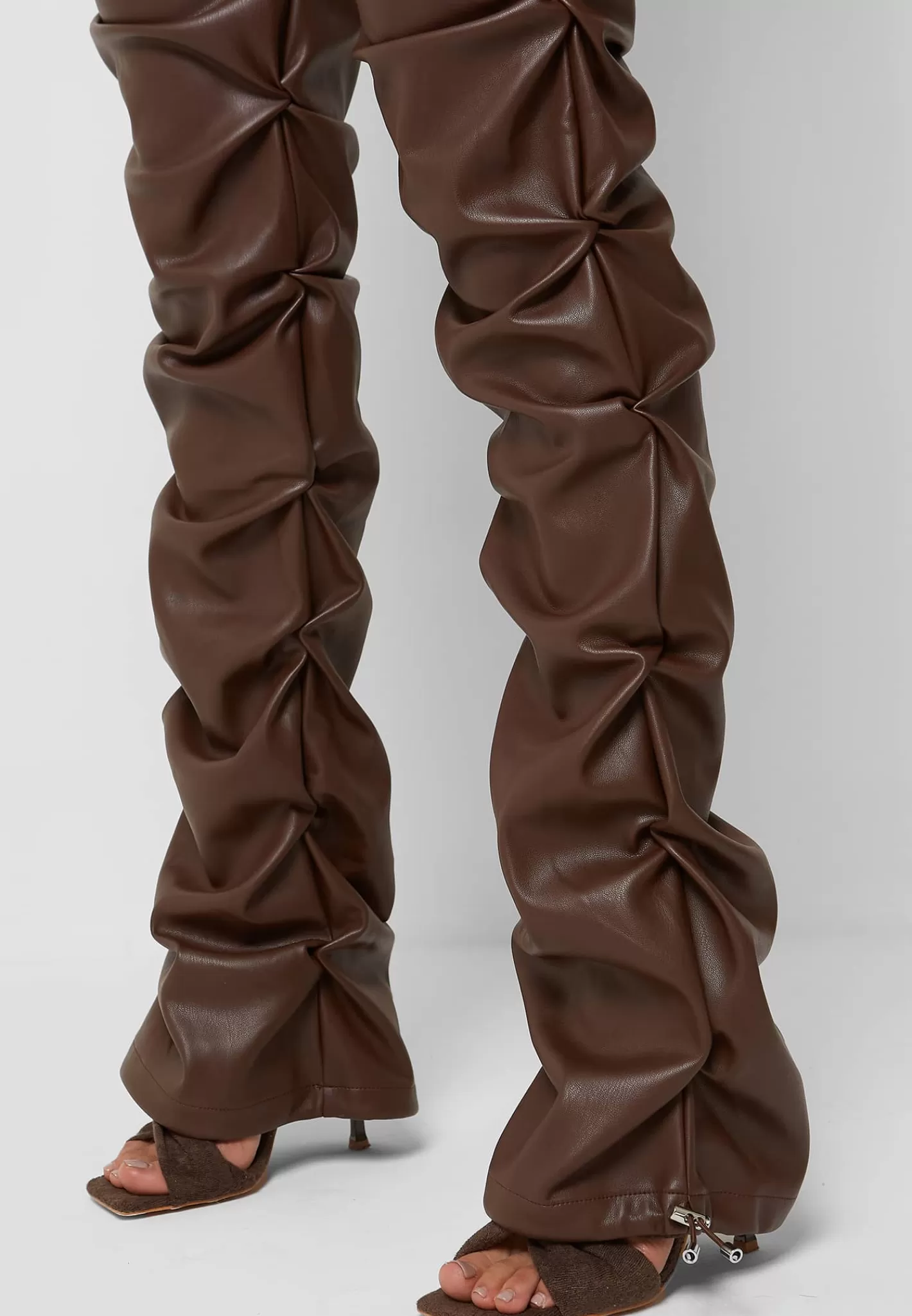 Tacked Vegan Leather Flared Trousers - Chocolate Brown-Manière De Voir Cheap