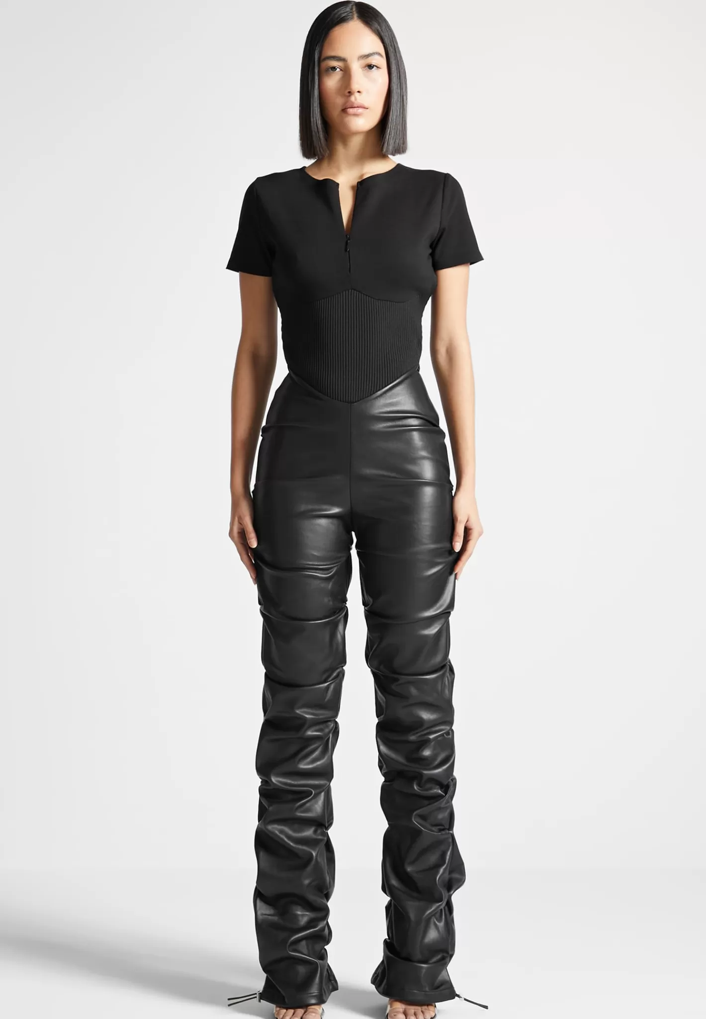 Tacked Vegan Leather T-Shirt Jumpsuit - -Manière De Voir Cheap