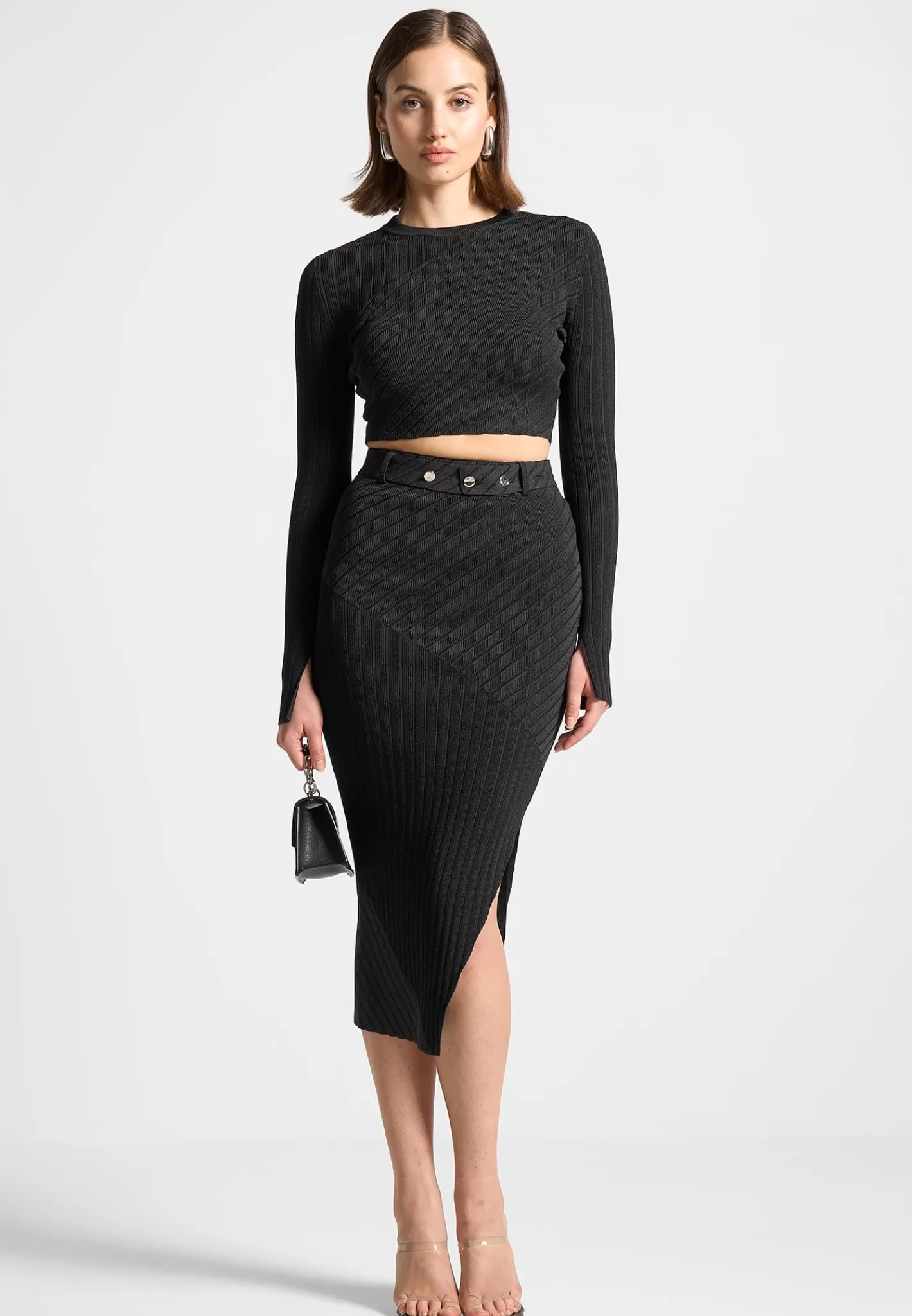 Two-Tone Ribbed Knit Midi Skirt with Belt - -Manière De Voir Online