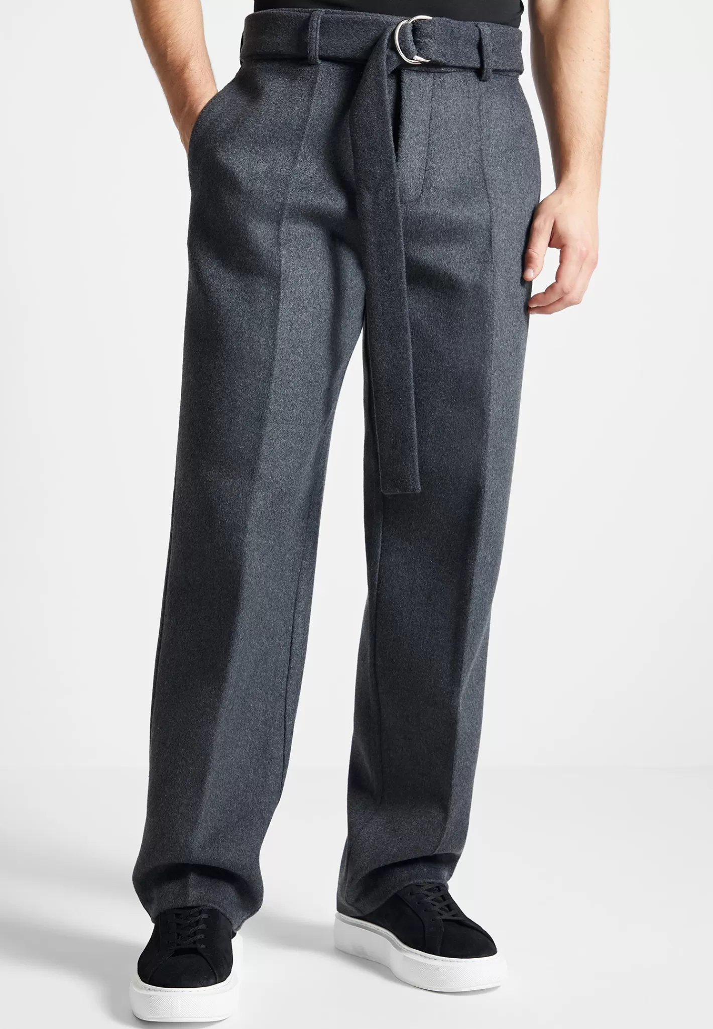 Wool Blend Marl Belted Trousers - Charcoal Grey-Manière De Voir Fashion
